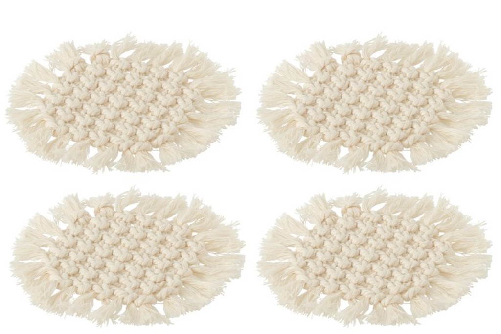 J-Line coaster Round Macramé - polyester - beige - 4 pieces