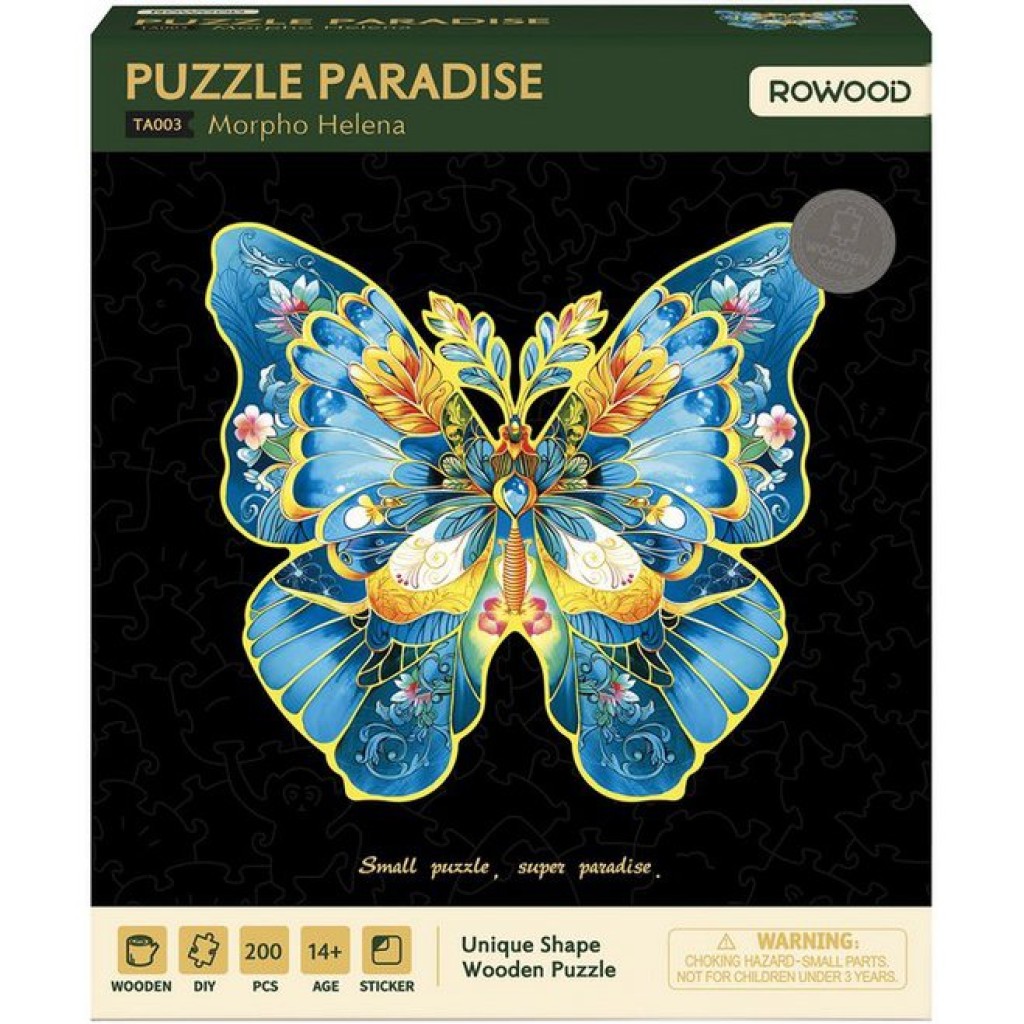 Houten Legpuzzel, Rowood, Vlinder Morpho Helena, TA003, 28,8x27,6cm