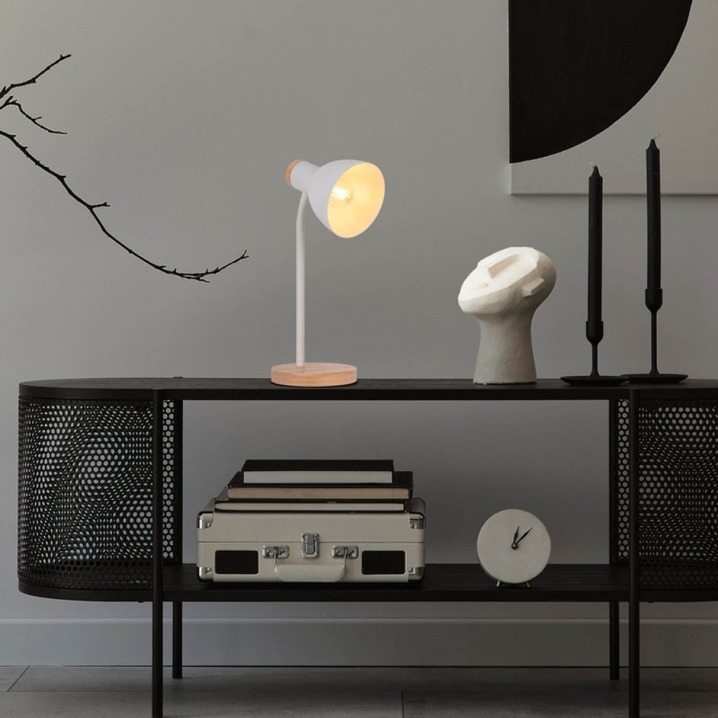 "Marie" desk lamp made of metal and wood, E14, white, 36.5 cm high