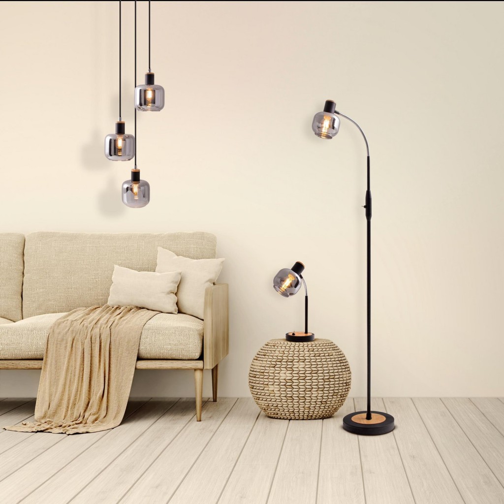 Glas-stand-lamp "Fumoso", vloerlamp gemaakt van metaal en glas in zwart, met E14-aansluiting, voor eetkamer, woonkamer, hal of kantoor, vloerlamp binnen, 150 cm hoog.