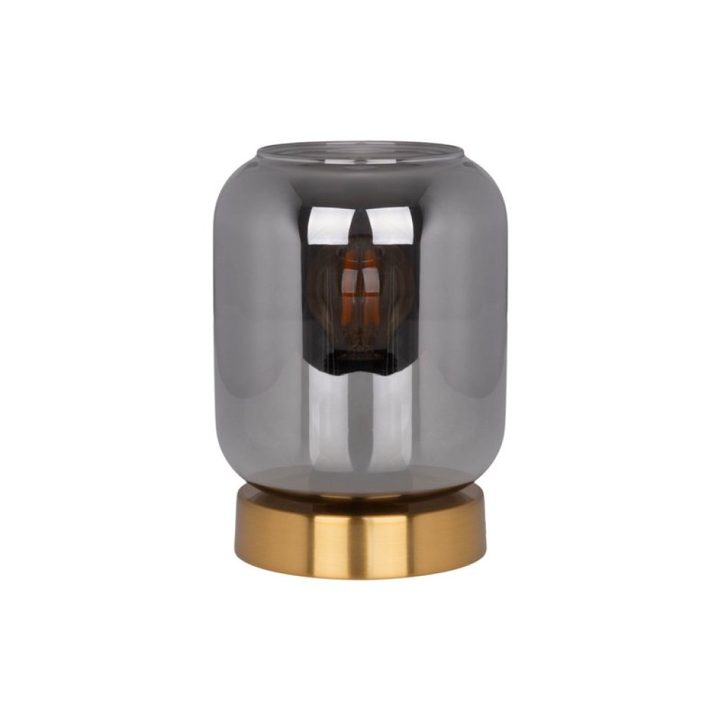 Glass table light "Alessio", 17 cm high, Ø 12 cm, gold-colored metal, smoke glass, E14