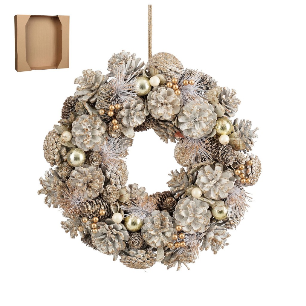 Hanley Kerstkrans met Dennenappels - H9 x Ø34 cm - Wit