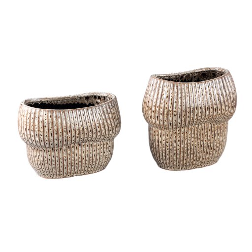 Colby Brown Ceramic Pot Oval Shaped Lines Low