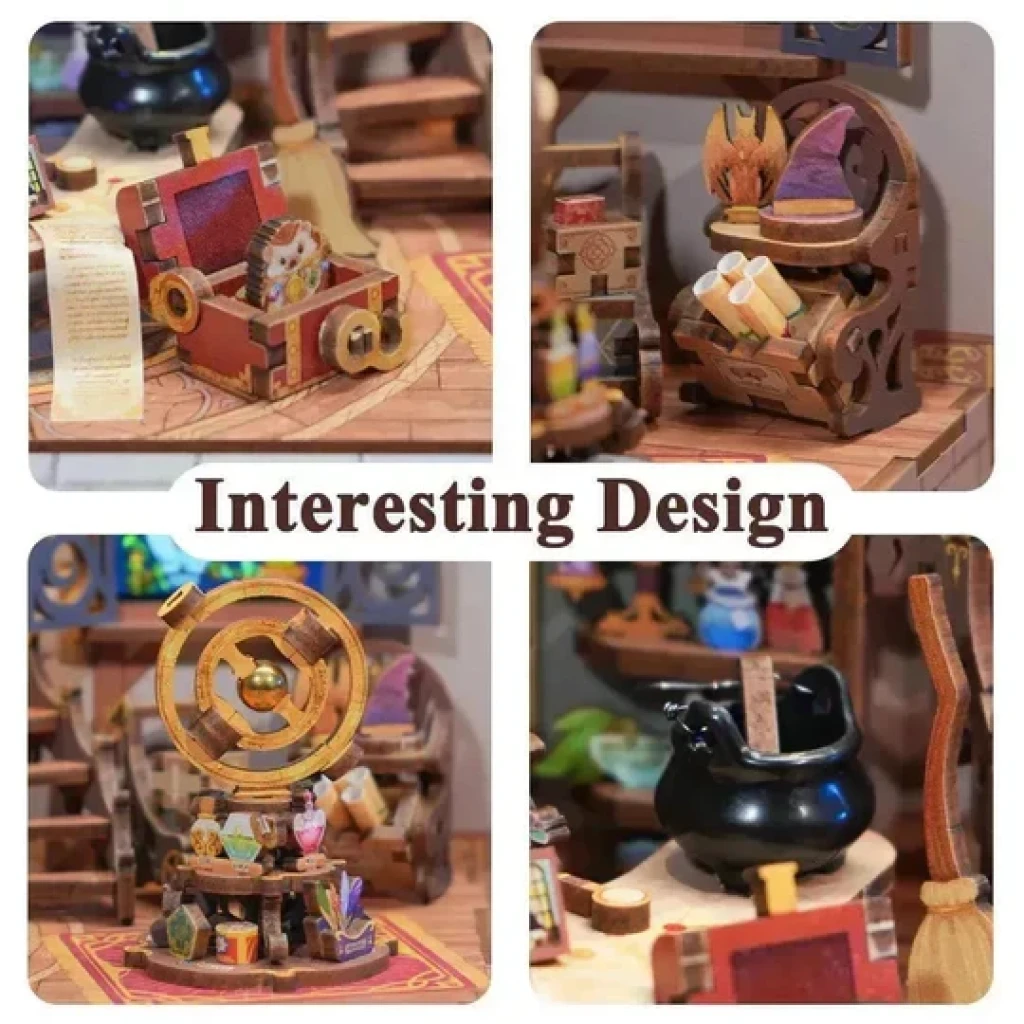 Tonecheer, DIY 3D Houten Puzzel met 6 verschillende geluidseffecten en stofkap, Miniature House Magic Shop, TQ403, 18x14,5x15,4cm