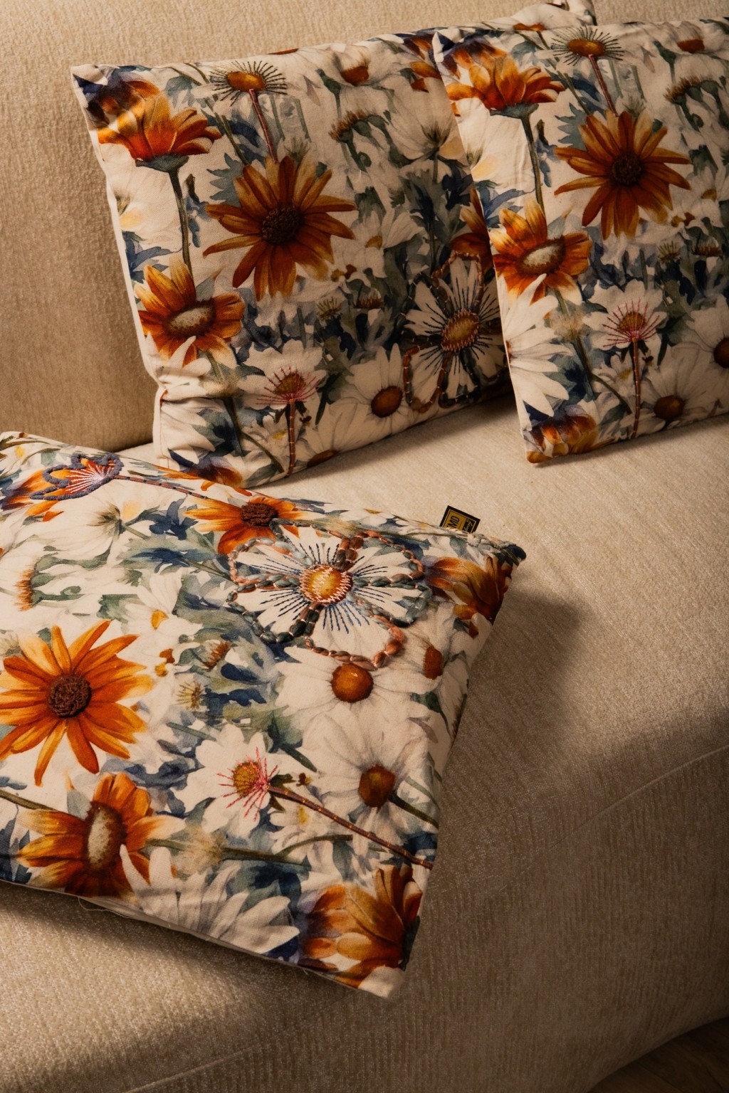 Helenor Natural Square Cotton Cushion Flowers