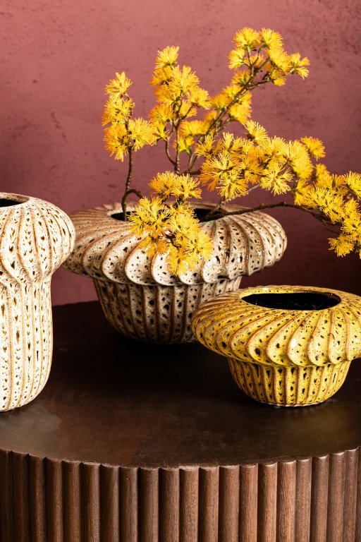Sindi Yellow Ceramic Pot Round Shaped Lines Low M
