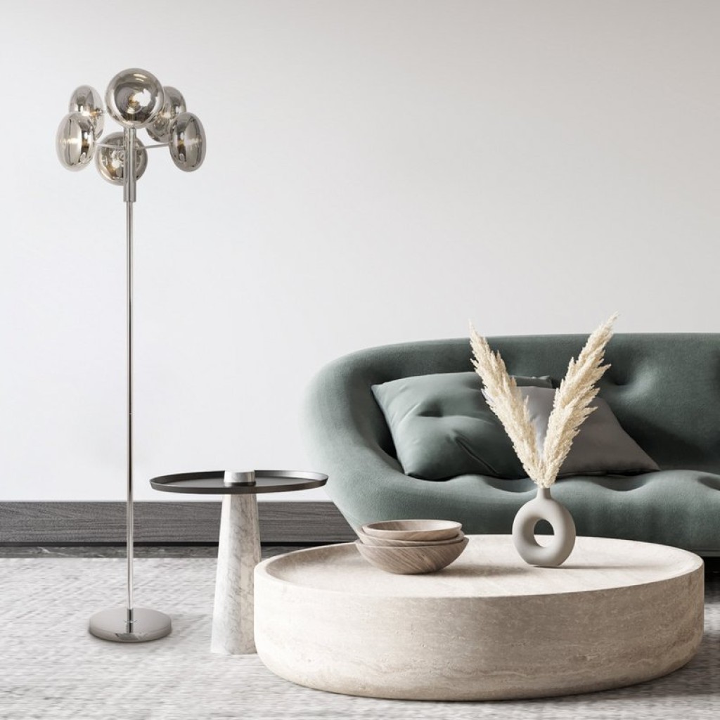 Stehleuchte "ORION" smoky, ca. 165 cm hoch, aus chromfarbenem, rostfreiem Stahl und Rauchglas, G9-Sockel, Beleuchtung für Wohnzimmer, Esszimmer oder Büro.