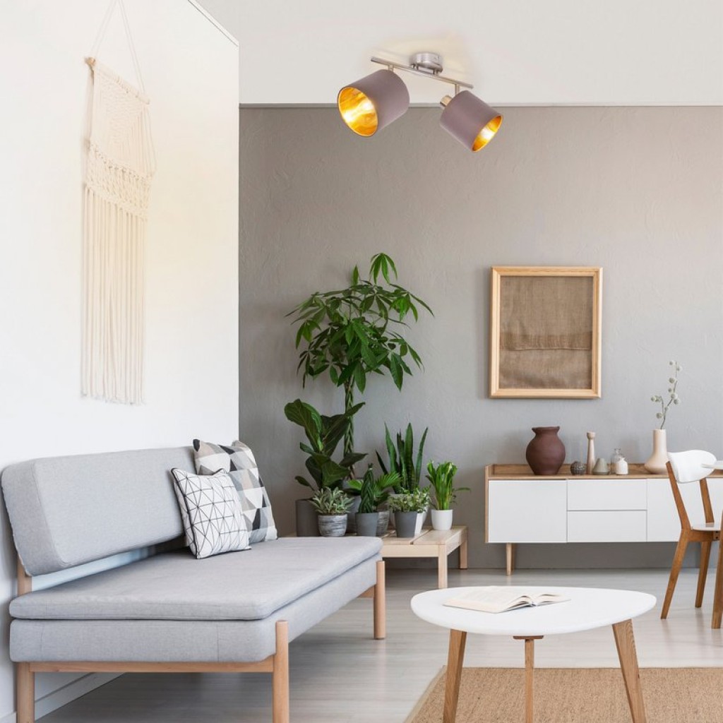 2-seater wall and ceiling lamp "Maron" made of metal-satin-matt with fabric umbrellas in brown, with E14 socket, lamp for living room, dining room, hallway and office, 46 x 12 cm