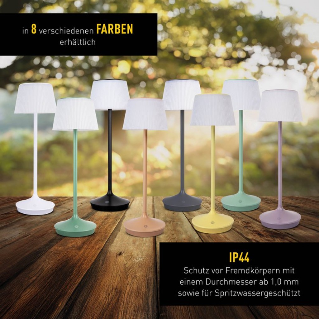 Solar battery lamp "Emmi" 38 cm high, umbrella Ø 13 cm, metal in almond and white plastic, for the outdoor area, dimmable CCT.