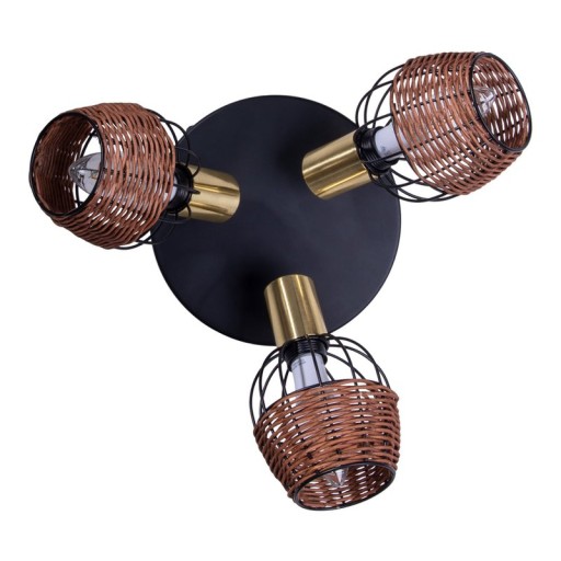 3 "Corbis" ceiling rondel, metal spot in black, with gold and rattan, with E14 socket, for dining room, living room, hallway or office, lighting for living room, dining room or office, 38 cm diameter