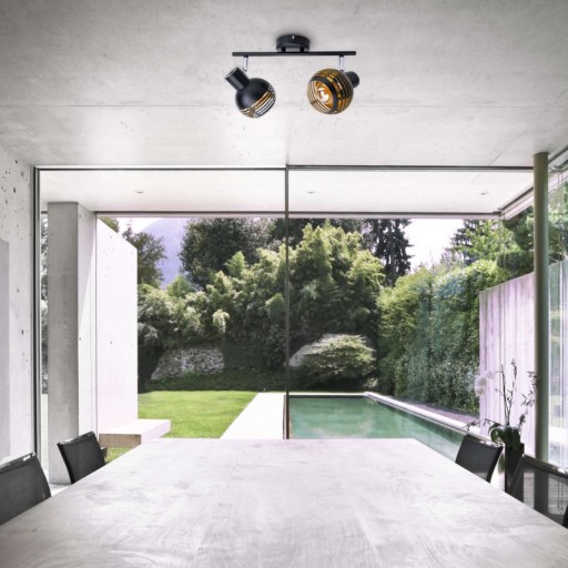 2-seater wall and ceiling light spot "Casco" made of metal in black, and gold, with E27 socket, 36 x 12 x 15 cm. Stylish lighting for living room, dining room or kitchen.