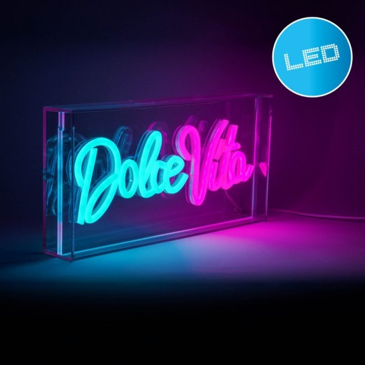 LED font light "Dolce Vita" decoration for inside 30 x 15 cm, in blue and magenta-red