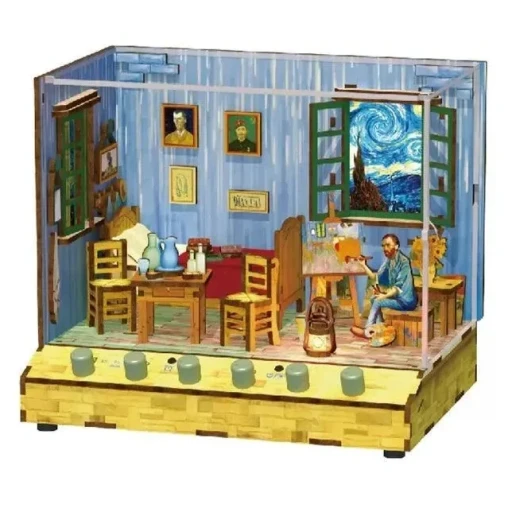 Tonecheer, DIY 3D Houten Puzzel met 6 verschillende geluidseffecten en stofkap Vincent's Bedroom, TQ401, 18x14,5x15,4cm