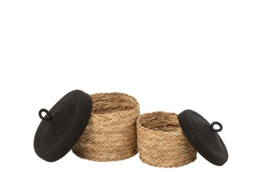 J-Line set of 2 baskets + lid Round - grass/cotton - natural/black