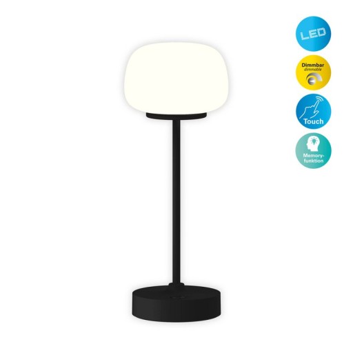 LED battery/ table lamp "Pina" 30 cm high, made of metal (black) and glass (white), integrated LEDs, warm white