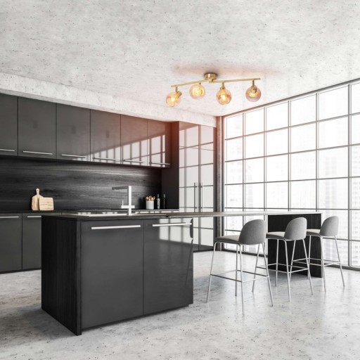 4er Spot/Deckenleuchte "LIBBY", klassische Deckenlampe aus messingfarbenem Metall und getöntem Glas in Amber, mit E14-Fassung, für Esszimmer, Wohnzimmer, Diele oder Büro, 80 cm lang