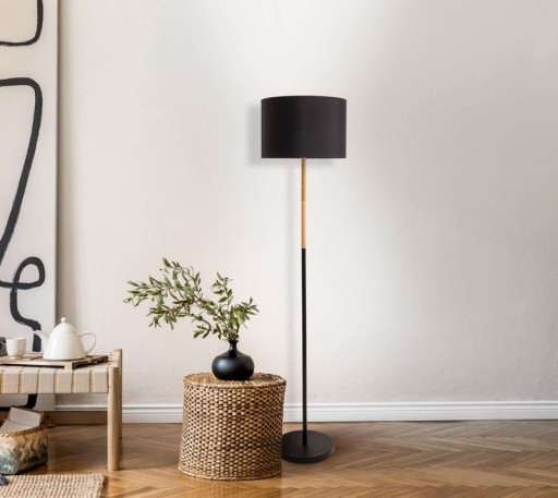 Textile standing lamp "Tessile", floor lamp made of metal, rubber tree and fabric in black, and nature, E27 socket, 126 cm high