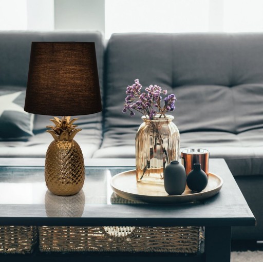 Ceramic table lamp "pineapple", table lamp made of ceramic with gold-colored glaze and black fabric screen, with E14 socket, for dining room, living room, hallway or office, table lamp 45 cm high