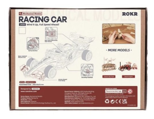 Wooden puzzle 3D Racing Car, Robotime, LK505, 29x10.5x7.6cm
