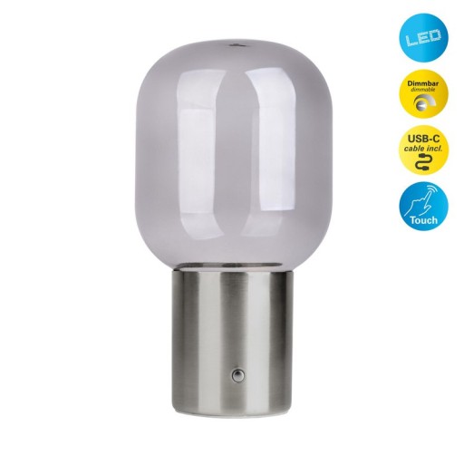 Akku-Tischleuchte "ALBERO" Deko-Tischleuchte aus chromfarbenem Metall und Glas mit fest verbauten LEDs, dimmbar mit Berührungssensor, 25 cm hoch