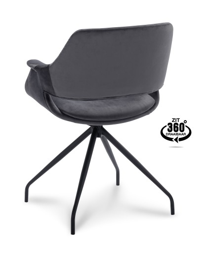 Belmonte 360° Velvet Eetkamerstoel | Zwart Onderstel | Met Armleuning - Dark grey