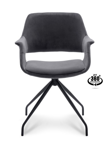 Belmonte 360° Velvet Eetkamerstoel | Zwart Onderstel | Met Armleuning - Dark grey