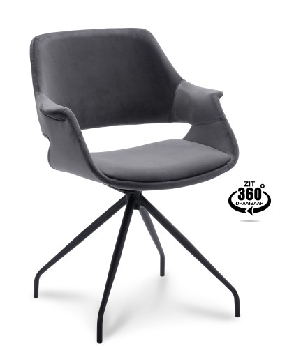 Belmonte 360° Velvet Eetkamerstoel | Zwart Onderstel | Met Armleuning - Dark grey
