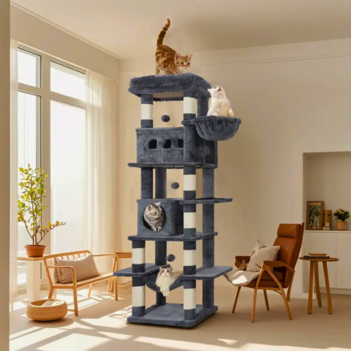 Krabpaal Groot 170 cm | Voor Grote Katten & Maine Coons | Meerdere Verdiepingen | 8 Krabpalen | 2 Holletjes | Lichtgrijs - Lichtgrijs