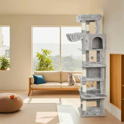 Krabpaal Groot 170 cm | Voor Grote Katten & Maine Coons | Meerdere Verdiepingen | 8 Krabpalen | 2 Holletjes | Lichtgrijs - Lichtgrijs