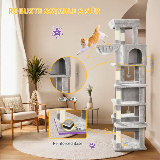 Krabpaal Groot 170 cm | Voor Grote Katten & Maine Coons | Meerdere Verdiepingen | 8 Krabpalen | 2 Holletjes | Lichtgrijs - Lichtgrijs