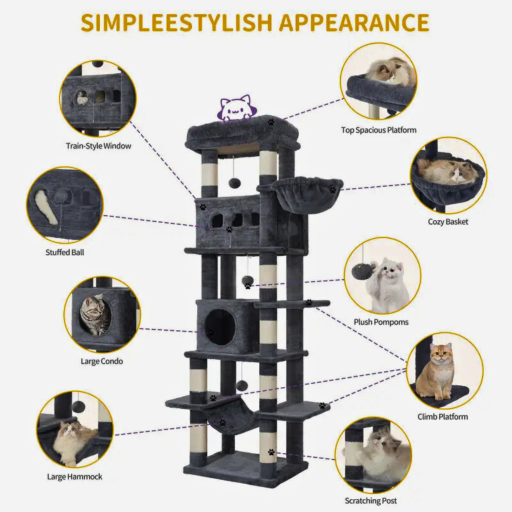 Krabpaal Groot 170 cm | Voor Grote Katten & Maine Coons | Meerdere Verdiepingen | 8 Krabpalen | 2 Holletjes | Lichtgrijs - Lichtgrijs