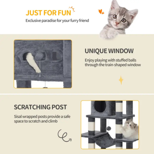 Krabpaal Groot 170 cm | Voor Grote Katten & Maine Coons | Meerdere Verdiepingen | 8 Krabpalen | 2 Holletjes | Lichtgrijs - Lichtgrijs