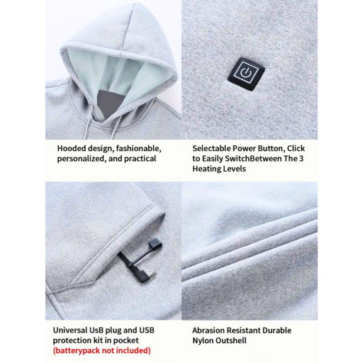 Verwarmde Hoodie met 7 Verwarmingszones | USB Oplaadbaar, 3 Warmtestanden & Capuchon – Heren – Polyester - Grijs - S