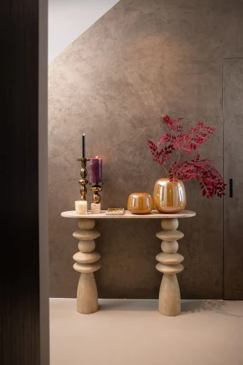 Callain Wandtafel | Mangohout & Marmer | Ovaal – Elegant Pilaarontwerp