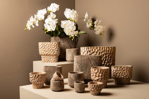 Liselot Brown Cement Pot | Ovale Grote Bloempot | Gestempeld Patroon | 20x36x40 cm