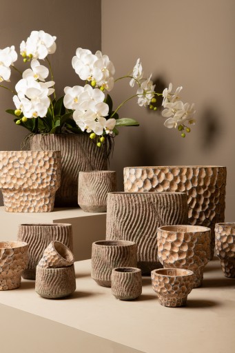 Liselot Brown Cement Pot | Ovale Grote Bloempot | Gestempeld Patroon | 20x36x40 cm