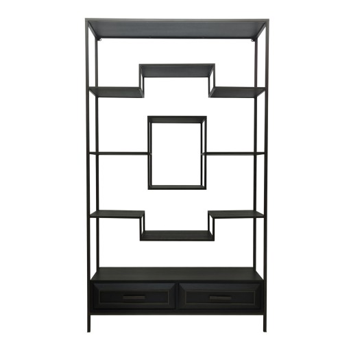 Lixly Black Wood Iron Frame Open Cabinet | Zwarte Houten Open Kast | Metalen Frame – 190 cm Hoog