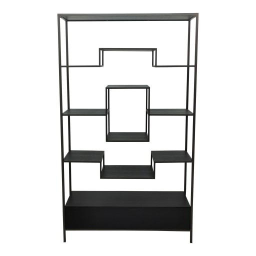 Lixly Black Wood Iron Frame Open Cabinet | Zwarte Houten Open Kast | Metalen Frame – 190 cm Hoog
