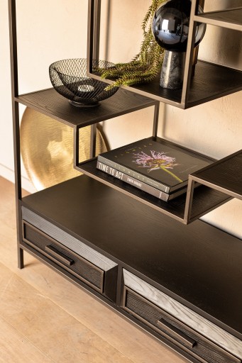 Lixly Black Wood Iron Frame Open Cabinet | Zwarte Houten Open Kast | Metalen Frame – 190 cm Hoog