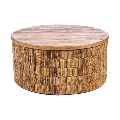 Abaca Ronde Magani Salontafel | Naturel | Ø 80 × H 38 cm | Handgemaakt Teak & Abaca
