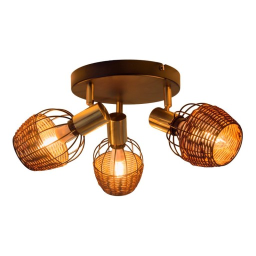 3 "Corbis" ceiling rondel, metal spot in black, with gold and rattan, with E14 socket, for dining room, living room, hallway or office, lighting for living room, dining room or office, 38 cm diameter
