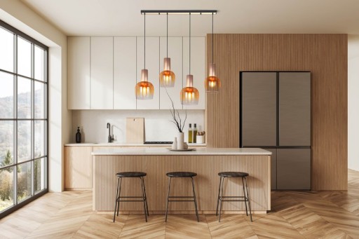4-be pendant lamp "Funda", retro pendant lamp made of amber-colored glass and matt brushed, brass-colored metal, with E27 verticals, 111 cm long, 150 high, ideal for dining room, living room and kitchen.