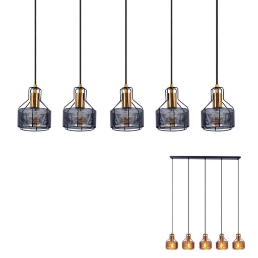 5er Pendelleuchte "FORO" Retro Pendellampe aus Metall in Schwarz, und Gold mit E27-Fassungen, 96 cm lang. Stilvolle Beleuchtung für Wohnzimmer, Esszimmer oder Küche.