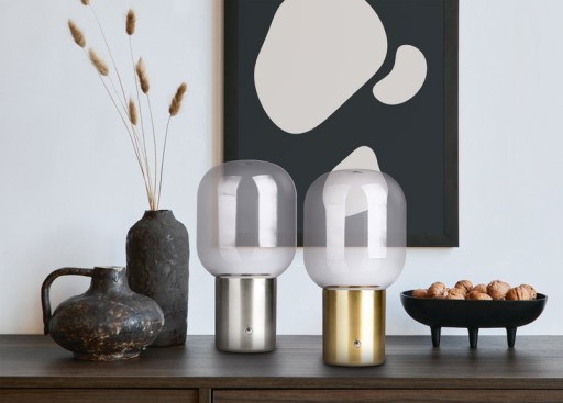 Akku-Tischleuchte "ALBERO" Deko-Tischleuchte aus chromfarbenem Metall und Glas mit fest verbauten LEDs, dimmbar mit Berührungssensor, 25 cm hoch