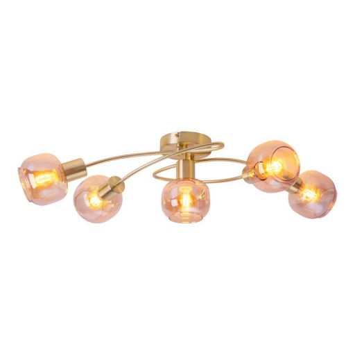 5er Spot/Deckenleuchte "LIBBY" Messing, klassische Deckenlampe aus messingfarbenem Metall und getöntem Glas in Amber, mit E14-Fassung, für Esszimmer, Wohnzimmer, Diele oder Büro, 65,5 cm lang