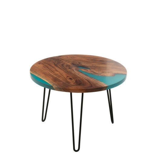 J-Line Bijzettafel Rond Acacia Hout/Epoxyhars Naturel/Blauw