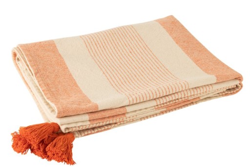 J-Line Plaid | Fleece Deken Katoen | Beige/Oranje - 130 x 180 cm - Product afbeelding