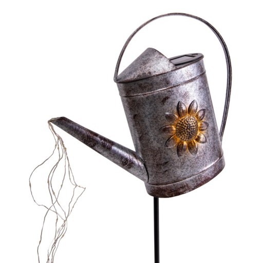 LED solar earth skewer (watering can) h: 110cm galvanized, for outside, ground skewer made of metal and plastic in silver, with integrated LED