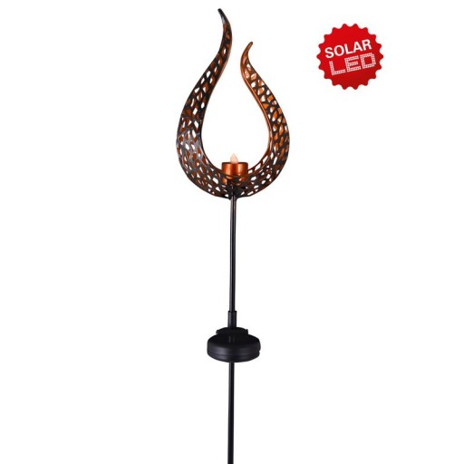 LED solar earth spit "Flame"-outer and spit made of metal and plastic in brown, with integrated LED