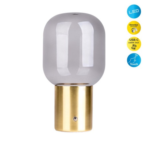 Akku-Tischleuchte "ALBERO" Deko-Tischleuchte aus messingfarbenem Metall und Glas mit fest verbauten LEDs, dimmbar mit Berührungssensor, 25 cm hoch